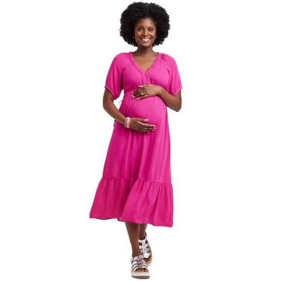 Ingrid & Isabel Women’s Hot Pink Maternity Maxi Tiered Babydoll  Dress Large - Picture 2 of 12